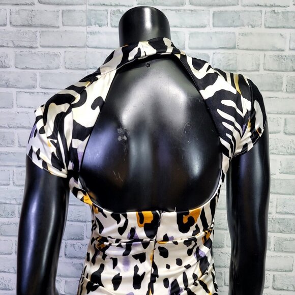 Cache Size 6 Silk Animal Print Ruched Cutout Back S/S Knee Length Dress Cocktail - Picture 7 of 12